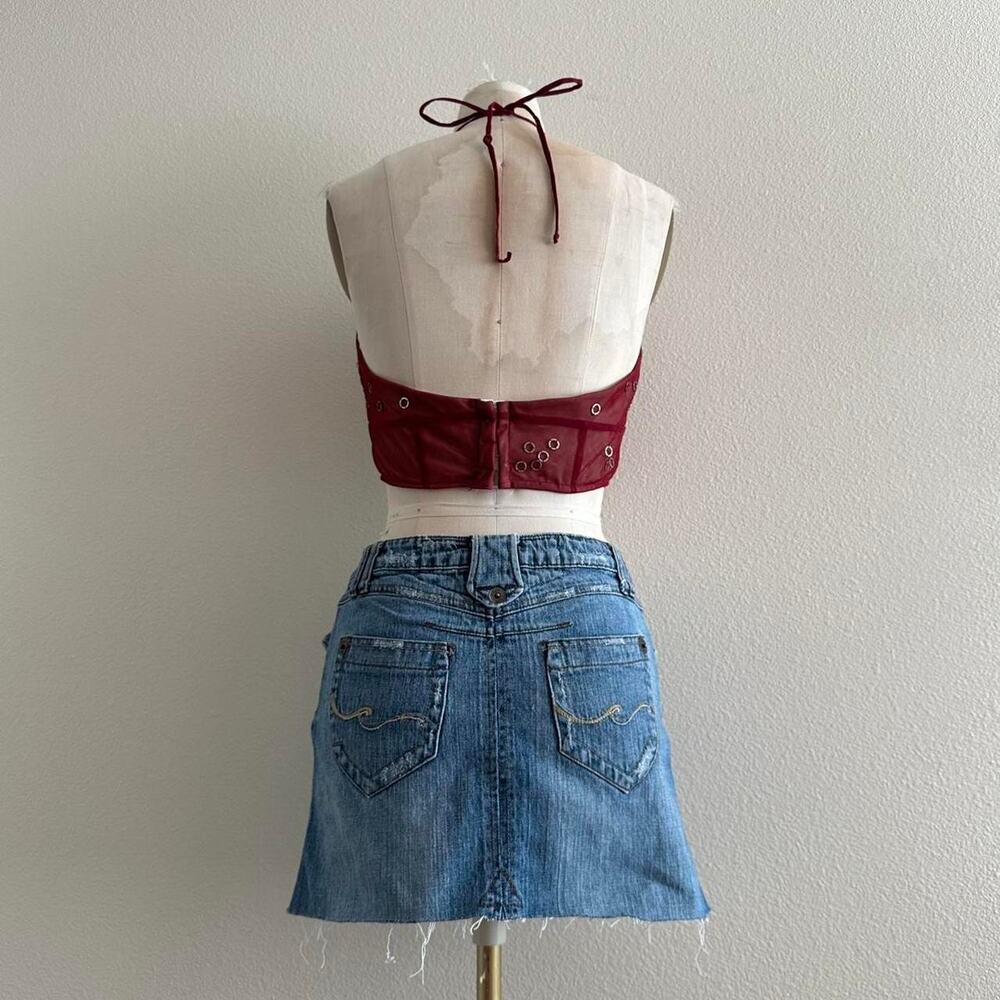 reworked BCBG Maxazria burgundy mesh halter top with silver metal rings - Picture 3 of 9